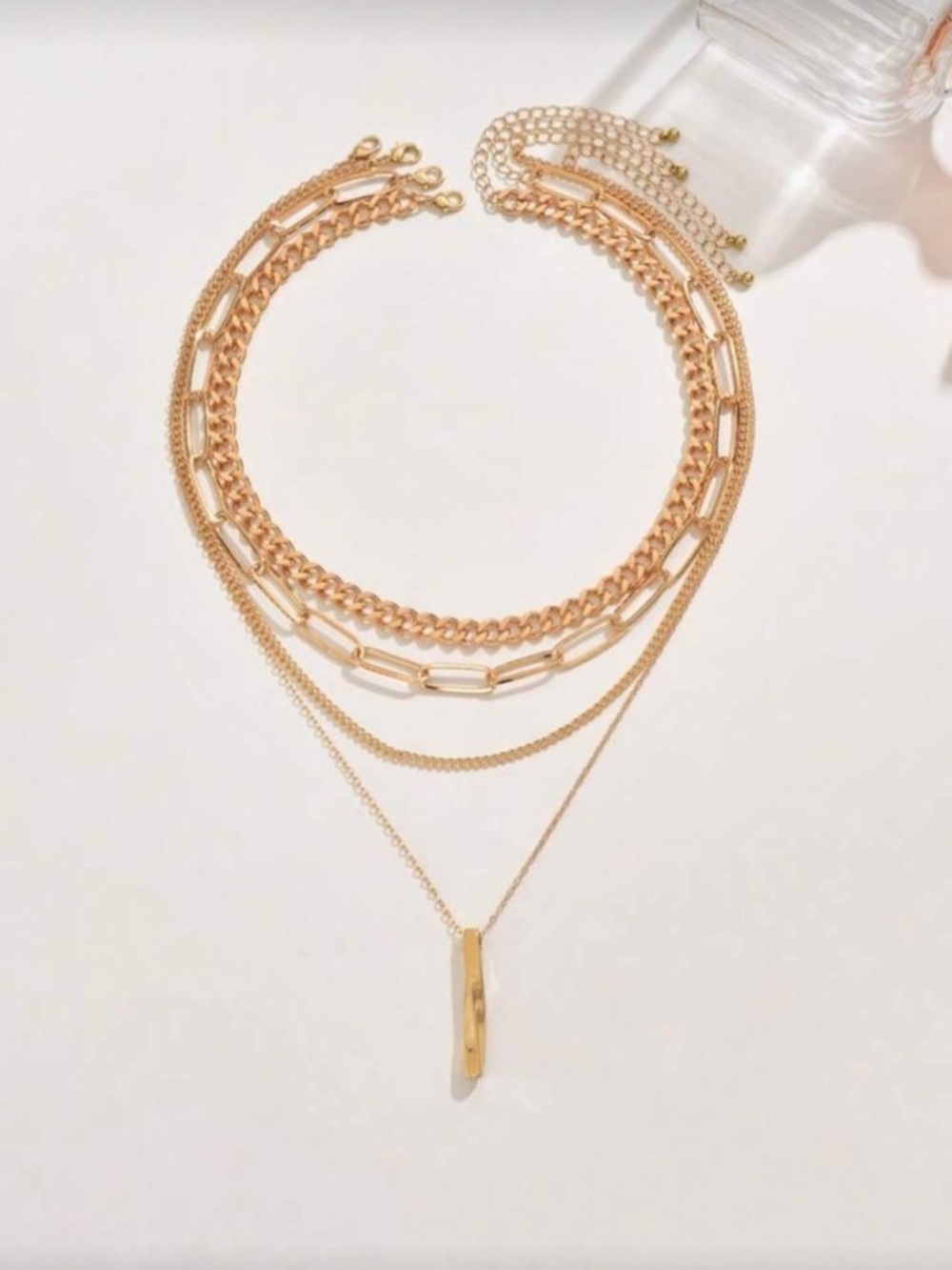 Gold Tone Layered Chain Necklace Set 4PC Cuban Paperclip Pendant Stack - Picture 3 of 3